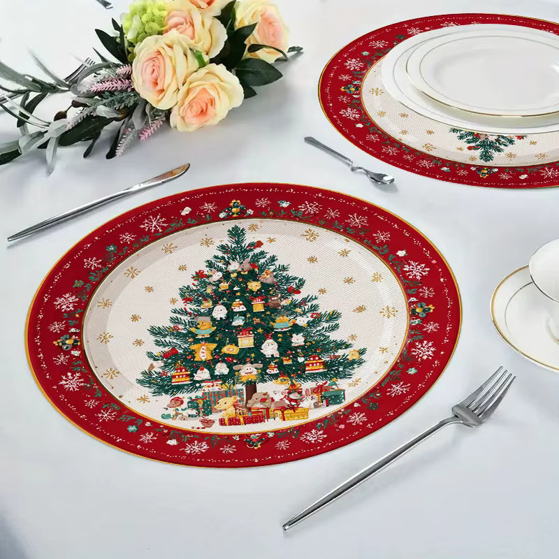 VIKAMA 4er Set Weihnachts-Platzsets aus Leinen mit Schneeflocken- und Kiefernmuster in Rot, Durchmesser: 38 cm - Bild 3