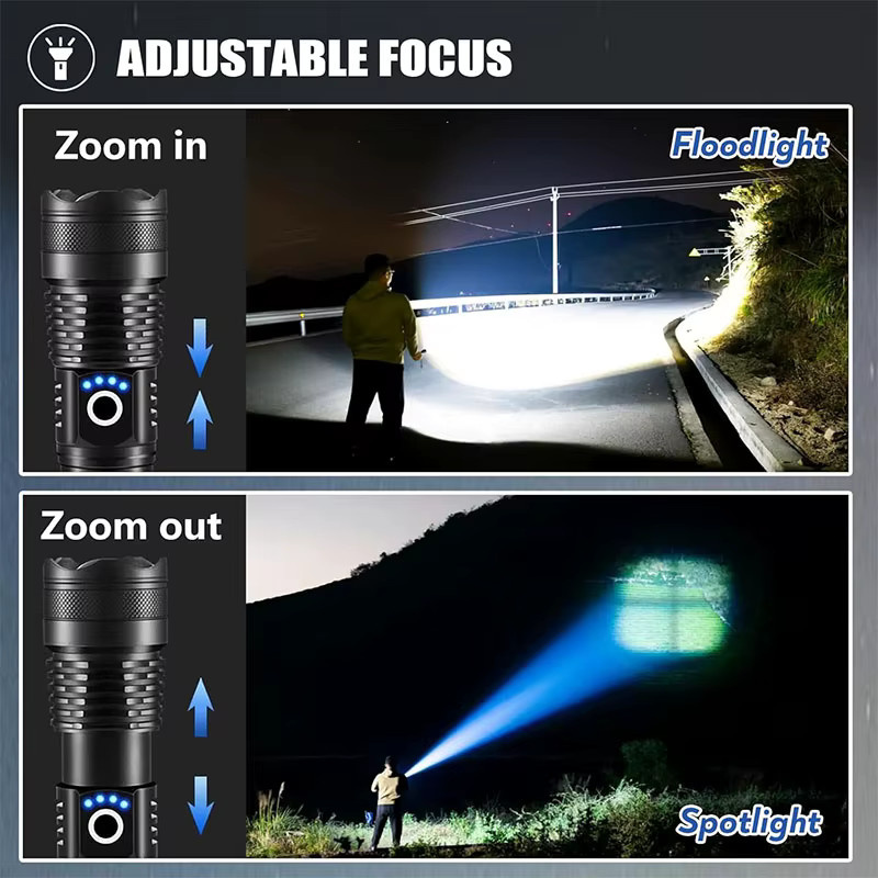 Mikenoon Hochleistungs-LED-Taschenlampe aus Aluminiumlegierung in Schwarz mit USB-Ladefunktion und zoombarem Blitzlicht - Bild 3