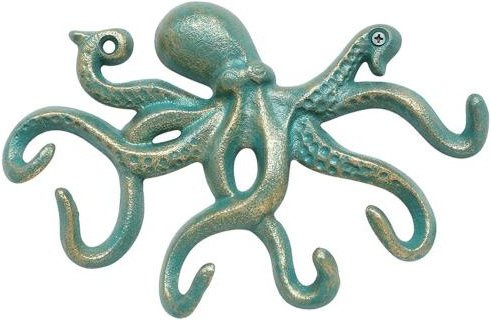 AtticusFox Wandmontierter Oktopus Kleiderhaken aus Gusseisen in Bronze und Türkis - Bild 1