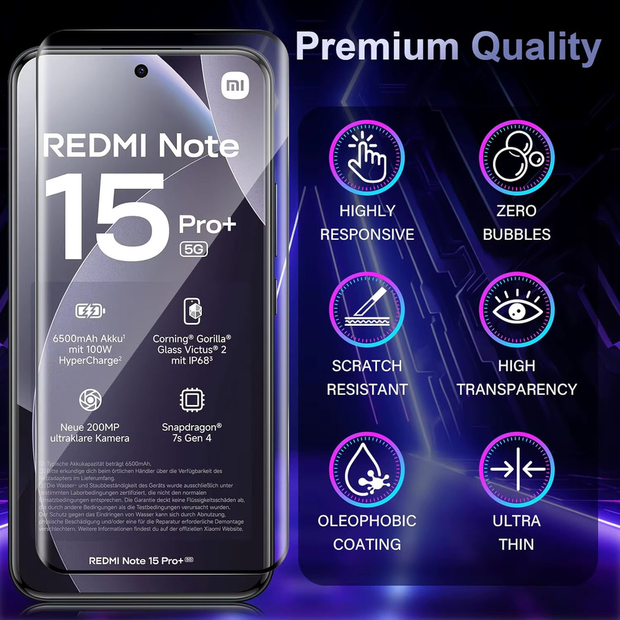 WISHXIN 3D Gebogenes Schutzglas Set für Redmi Note 15 Pro Plus 4G 5G und POCO M8 Pro mit Kameralinsenschutz, Transparent - Bild 3