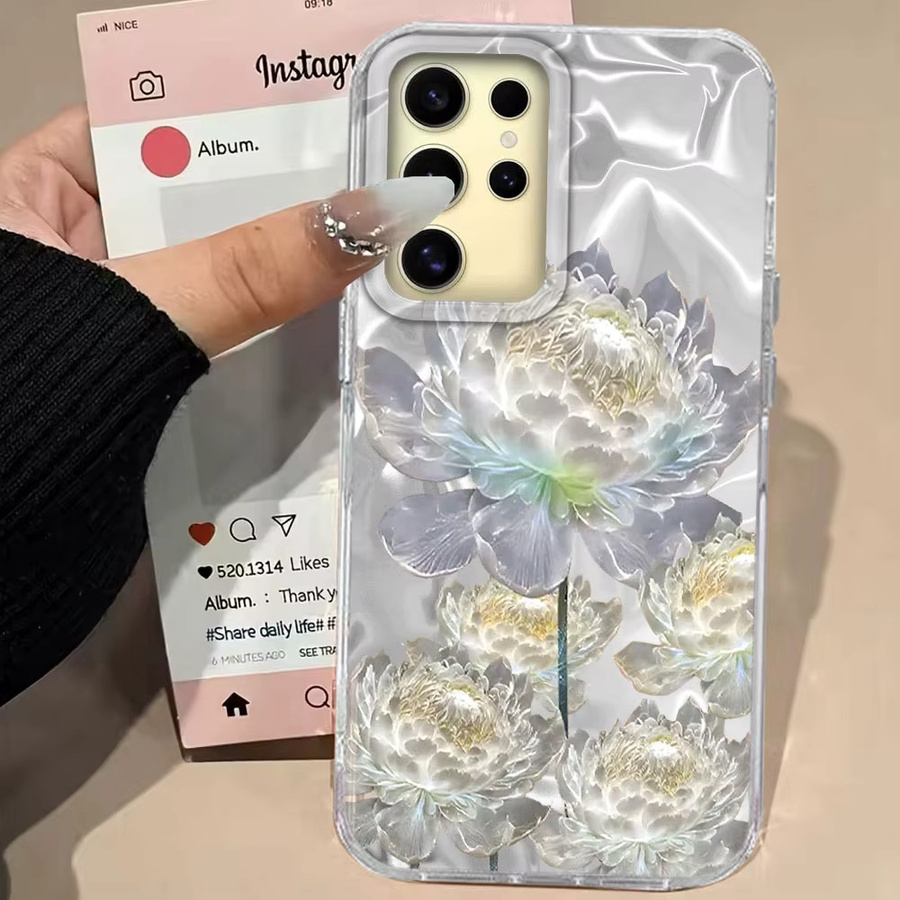 Blumen INS Mädchen Luxus-Print Handyhülle für Samsung Galaxy S26 S25 S24 S23 S22 S21 S20 Plus FE Ultra in Weiß mit Lotus-Design - Bild 2