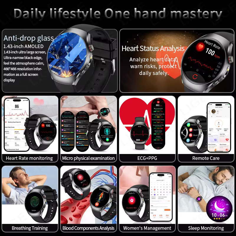 LIGE Smartwatch, 1,43 Zoll, Schwarz, Silikon, Herren - Bild 5