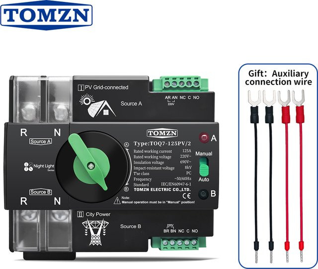 TOMZN ATS Dual Power Automatischer Umschalter für DIN-Schiene, 2P, Farbe: Schwarz - Bild 1