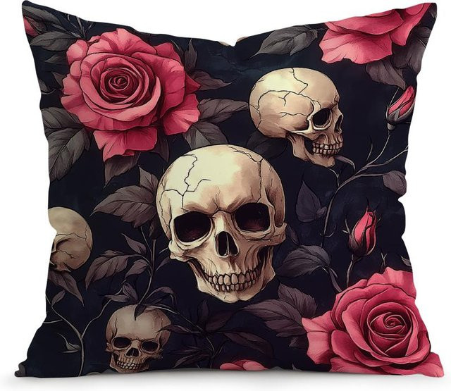 JMG Clothing Kissenbezug mit Schädel- und Rosen-Blumenmuster in Schwarz, B/H: 50 x 50 cm - Bild 1