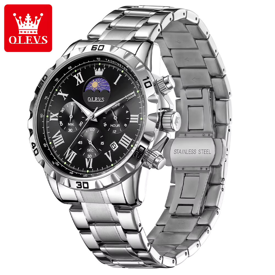 OLEVS Armbanduhr, Quarz, Chronograph, Edelstahl, Schwarz, Silber, Herren - Bild 2