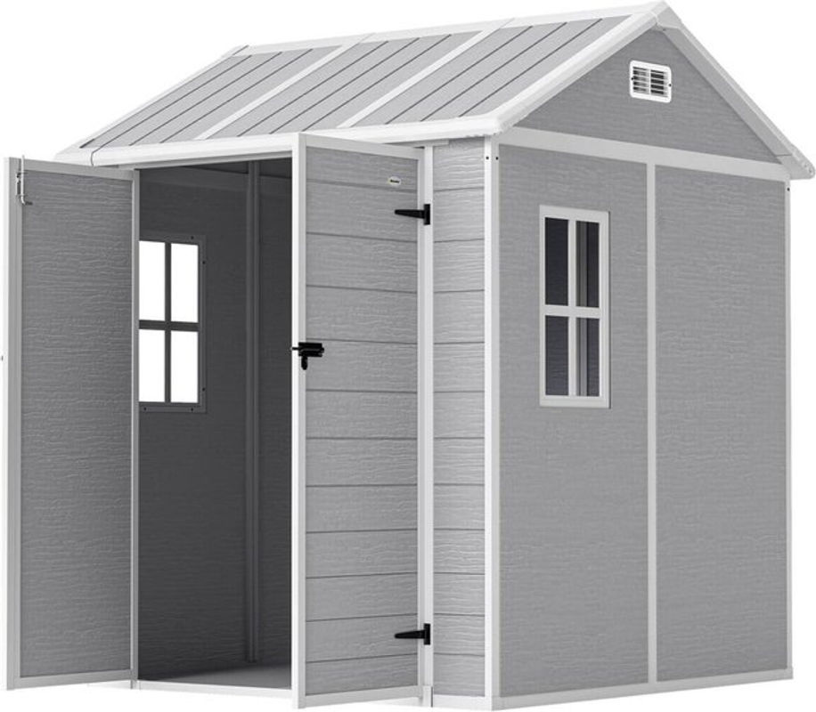 Outsunny Geräteschuppen mit Satteldach und Fenster in Grau, wetterfestes Gartenhaus mit Boden und abschließbarer Tür, B/T/H: 181 x 181 x 220 cm - Bild 3