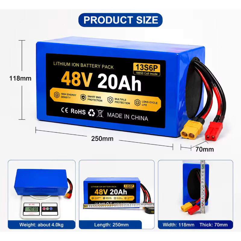 48V 20Ah Lithium-Ionen-Akkupack mit 18650 Zellen und Smart BMS für E-Bike und Elektroroller, Blau, XT60 Anschluss - Bild 3