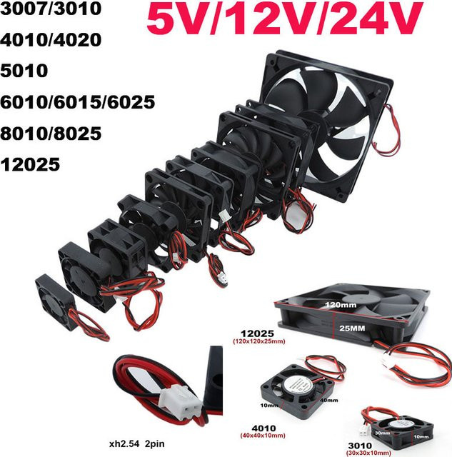 Gakaki Bürstenloser Gehäuselüfter Schwarz 2PIN J17 für 3D-Drucker DC 5V 12V 24V - Bild 1