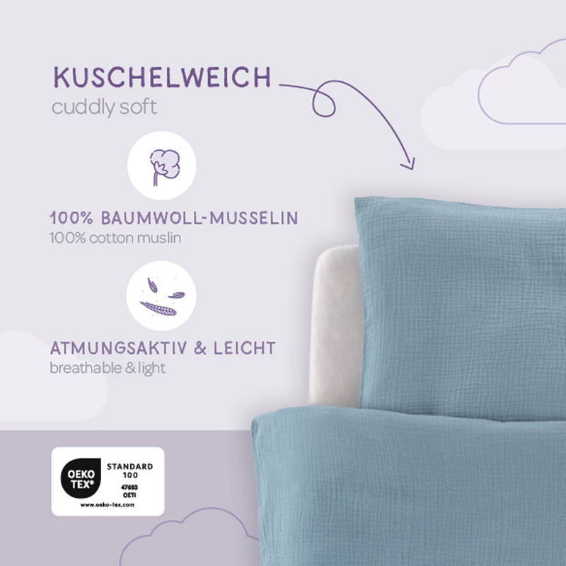 Träumeland Bettwäsche Set aus Baumwollmusselin mit Tier-Motiven in Blau, bestehend aus Kopfkissenbezug 40 x 60 cm und Bettbezug 100 x 135 cm - Bild 3
