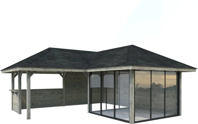 PALMAKO Pavillon Bianca Set 210 Slide aus Fichtenholz in Grau mit Alu-Schiebetüren und Eck-Tresenanlage, B/T/H: 588 x 588 x 319 cm - Bild 2
