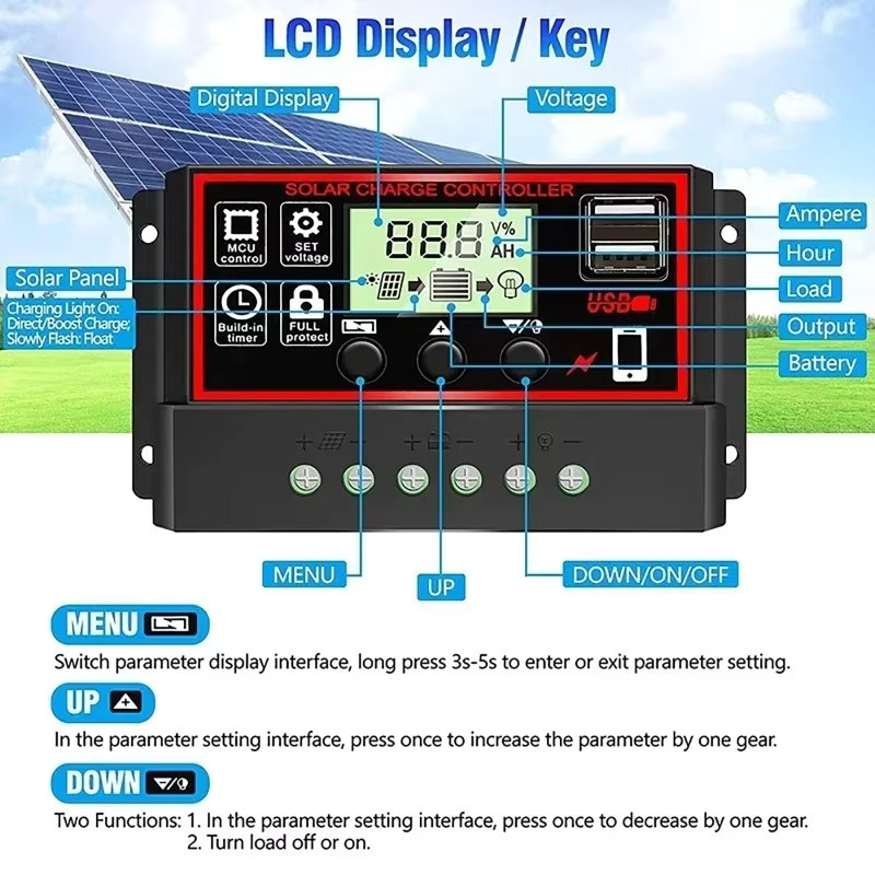 luxuglow Solar-Laderegler mit USB-Anschluss und LCD-Display für 12V/24V Solarmodule, Farbe: Schwarz - Bild 4