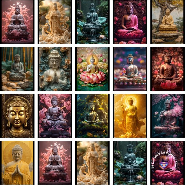 Potdemiel Buddha-Lotus-Porträt DIY-Diamantmalerei-Set in Gold, rundes 5D-Mosaik-Set für Erwachsene - Bild 1