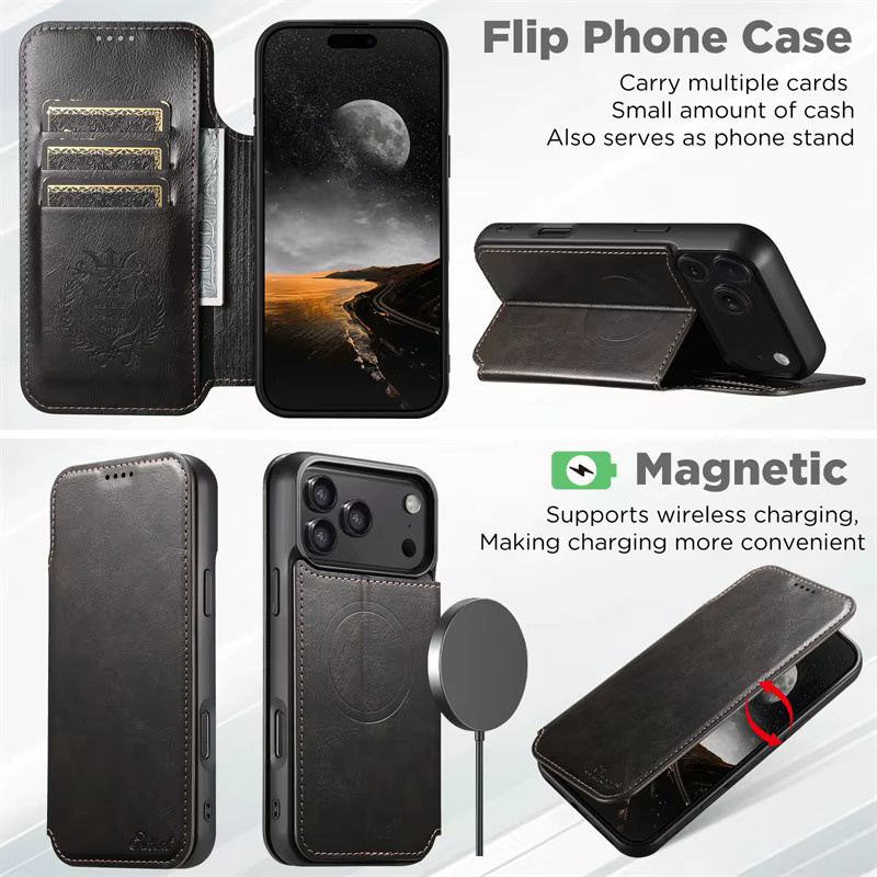 Newteneight Luxus Leder Brieftasche und Kartenhalter als magnetische MagSafe Hülle für iPhone 17 Air, 16, 15, 14, 13, 12 Pro Max in Schwarz - Bild 5