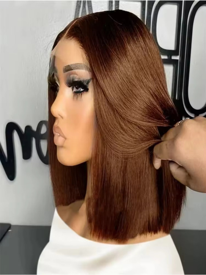 Sooolavely Bob-Perücke Echthaar, Schokoladenbraun, Kurz, Lace Frontal, Damen - Bild 7
