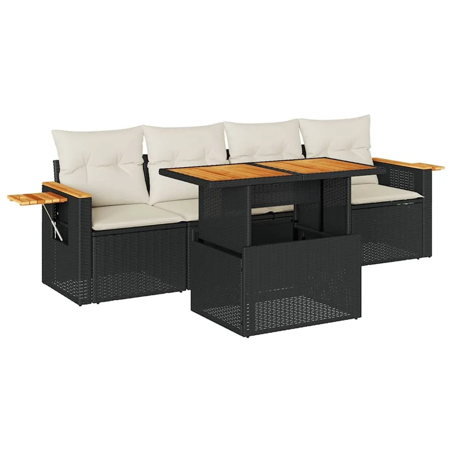 vidaXL 5-teilige Garten-Sofagarnitur in L-Form aus Polyrattan und Akazienholz mit Tisch und Kissen in Schwarz-Creme - Bild 2