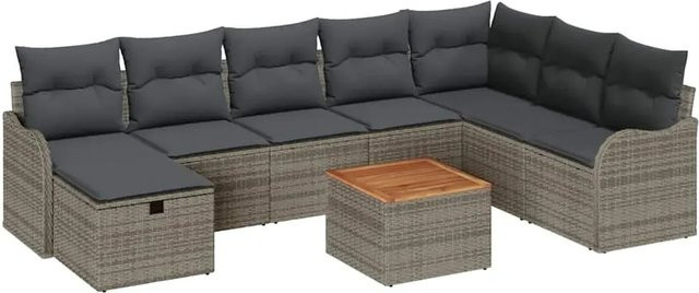 vidaXL Garten-Sofa-Set aus Polyrattan in Grau, 9-teiliges L-Shape Lounge-Set mit Kissen, Eckelement, 3-Sitzer und Couchtisch inklusive integriertem Stauraum - Bild 1