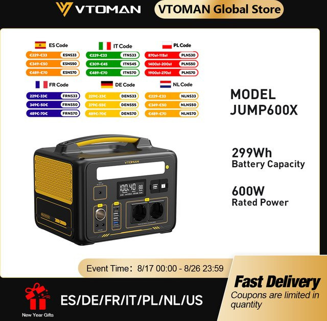 VTOMAN JUMP 600X Tragbares Kraftwerk 299 Wh Solargenerator mit 1200 W Peak Power und LiFePO4 Akku - Bild 1