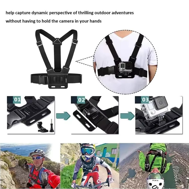 EXSKOF Zubehör-Set für Action-Kameras mit Brust- und Kopfhalterung, schwimmendem Griff und Stativadapter in Schwarz für GoPro, SJCAM, Insta360, AKASO und Osmo Action - Bild 2