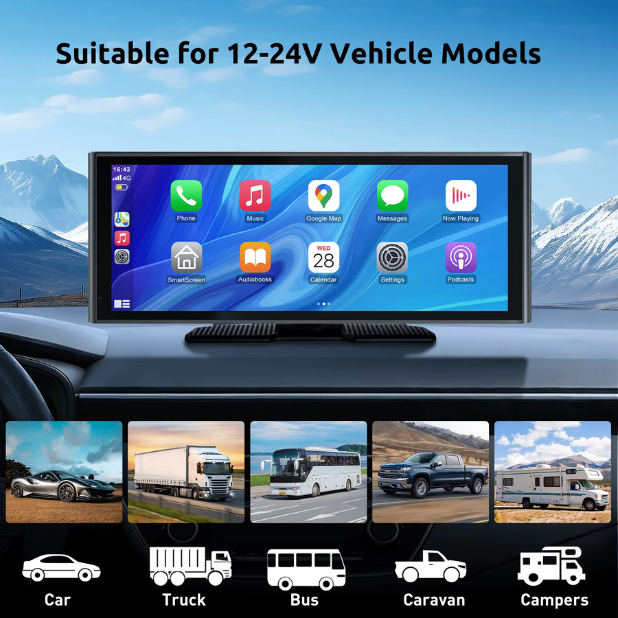 ESSGOO Tragbares Autoradio mit 10,26 Zoll Touchscreen, Wireless CarPlay und Android Auto, inklusive 4K Frontkamera und 1080p Rückfahrkamera, Schwarz, mit Bluetooth, USB, AUX und FM - Bild 4