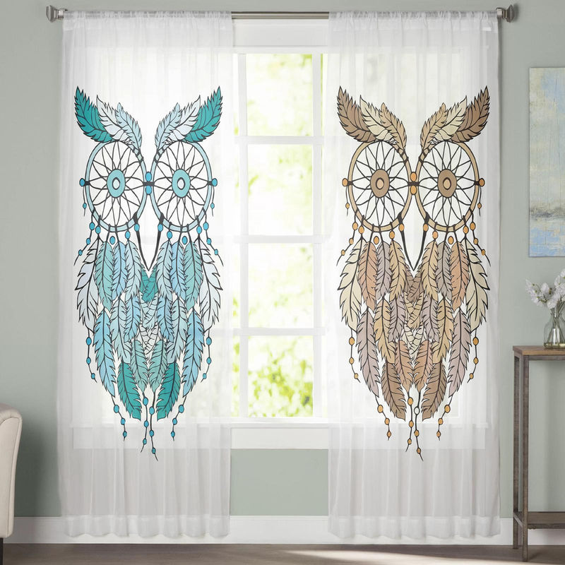A Family Of Home Textiles Traumfänger-Eulenfeder-Fenstervorhang aus Tüll, transparenter Vorhang mit Cartoon-Motiv für Wohnzimmer und Schlafzimmer, B: 135 cm, H: 114 cm - Bild 2