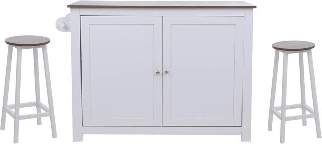Kücheninsel MCW-P61 mit 2 Sitzhockern und Staufächern in Landhausstil, Weiß und Dunkelbraun, B/T/H: 120 x 90 x 45 cm - Bild 2