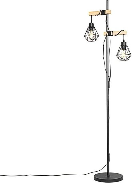 QAZQA Land Stehlampe in Schwarz mit Holz im rustikalen Look, 2-Licht, dimmbar, Höhe: 155 cm - Bild 1