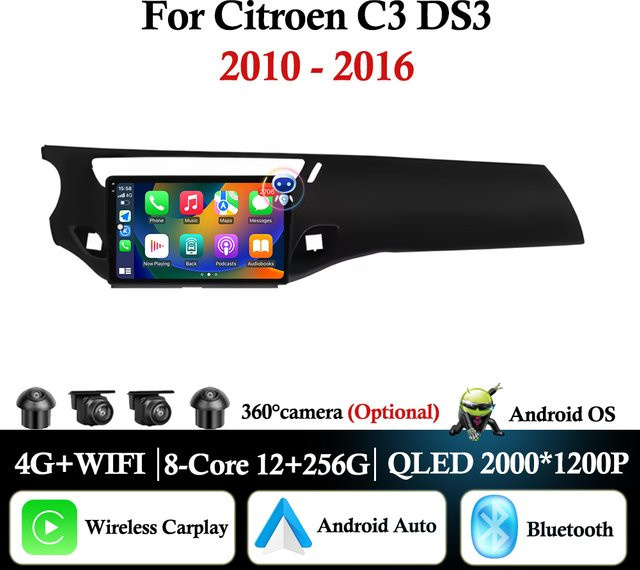 KJ-NAVI Multimedia Autoradio mit Android Auto und CarPlay für Citroen C3 und DS3 (2010-2016), WiFi, Bluetooth, GPS und DSP Stereo, Schwarz - Bild 1