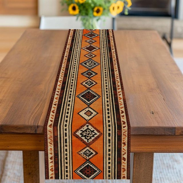 JINGYUE Pet Tischläufer mit ethnischem Diamantmuster in Braun und Orange, B/H: 40 x 140 cm - Bild 1