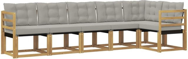 vidaXL Outdoor-Sofagarnitur 6-teilig in L-Form aus Akazienholz und Textilene mit Kissen in Weiß-Hellgrau - Bild 1