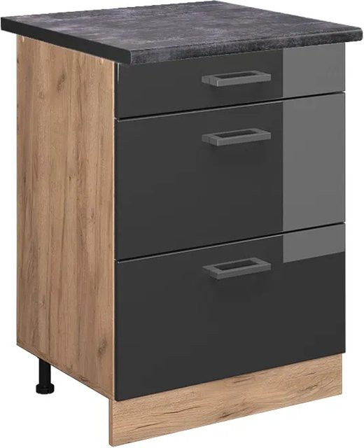 Vicco Küchenunterschrank R-Line in Anthrazit Hochglanz und Goldkraft Eiche mit Schubladen, Breite: 60 cm, Höhe: 81,6 cm - Bild 1