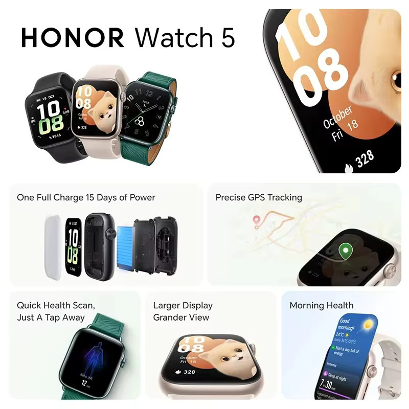 HONOR Watch 5 Smartwatch in Schwarz mit 1,85-Zoll-AMOLED-Display, integriertem GPS und Bluetooth-Telefonie - Bild 2
