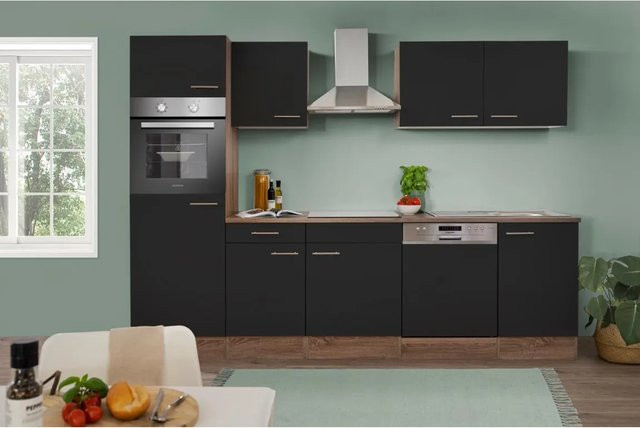 Respekta Küchenzeile KB280EYS in Schwarz Seidenglanz und Eiche York Nachbildung, Breite: 280 cm, Höhe: 205 cm - Bild 1