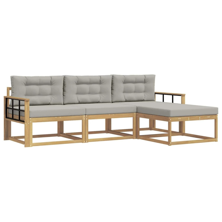 vidaXL Outdoor-Sofagarnitur 4-teilig in L-Form mit Ottoman, Weiß und Grau, aus Akazienholz und UV-beständigem Polyester - Bild 2