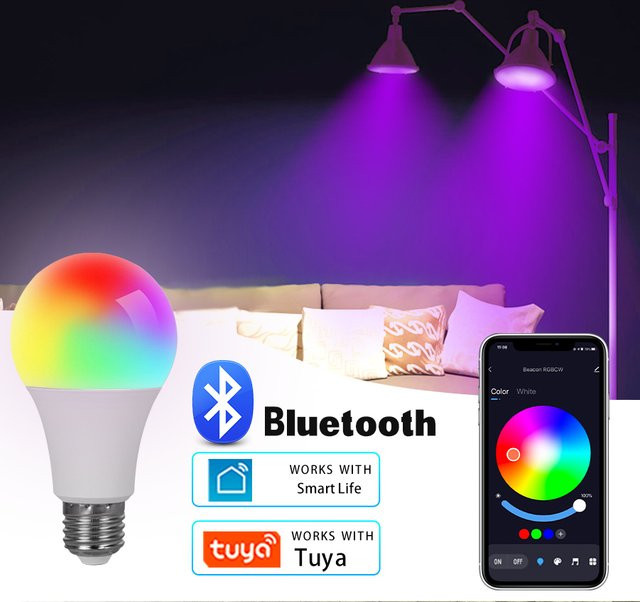 Tuya Smart LED RGB Glühbirne E27 mit Bluetooth und App-Steuerung, dimmbar, 15W, Multicolor - Bild 1