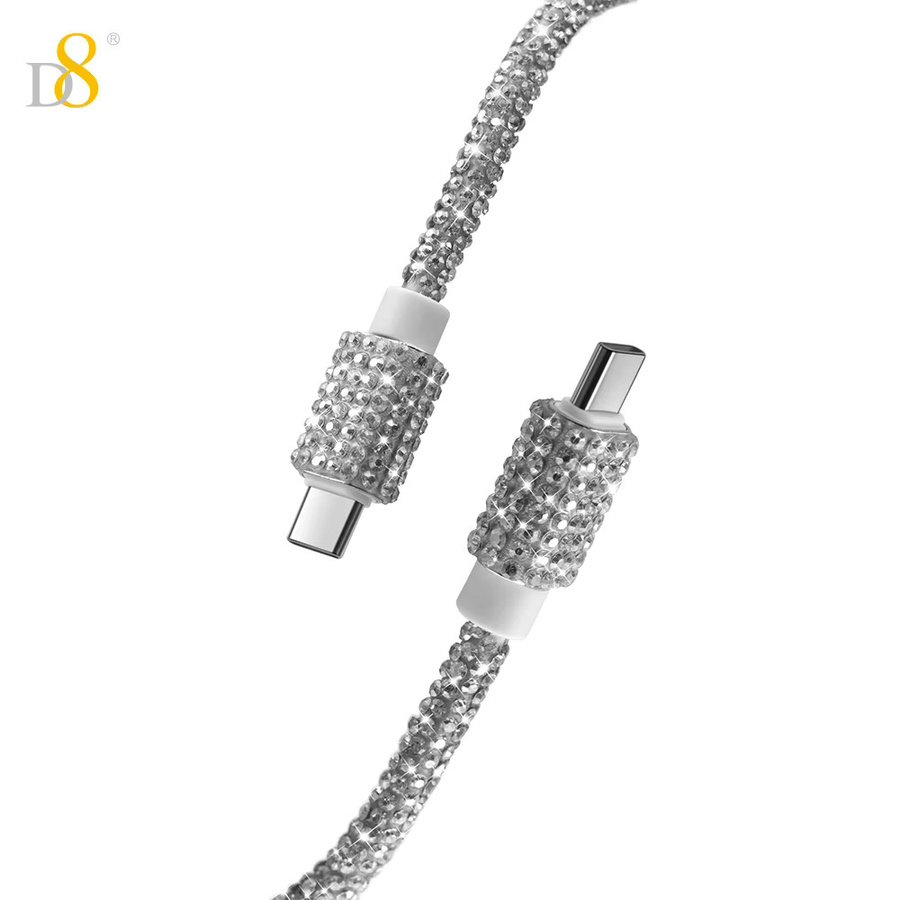 D8 USB C auf USB C Kabel 60W Schnellladung in Silber mit Kristalldekoration und Diamond Shine für iPhone 15, Pro, Plus, Pro Max und MacBook - Bild 4