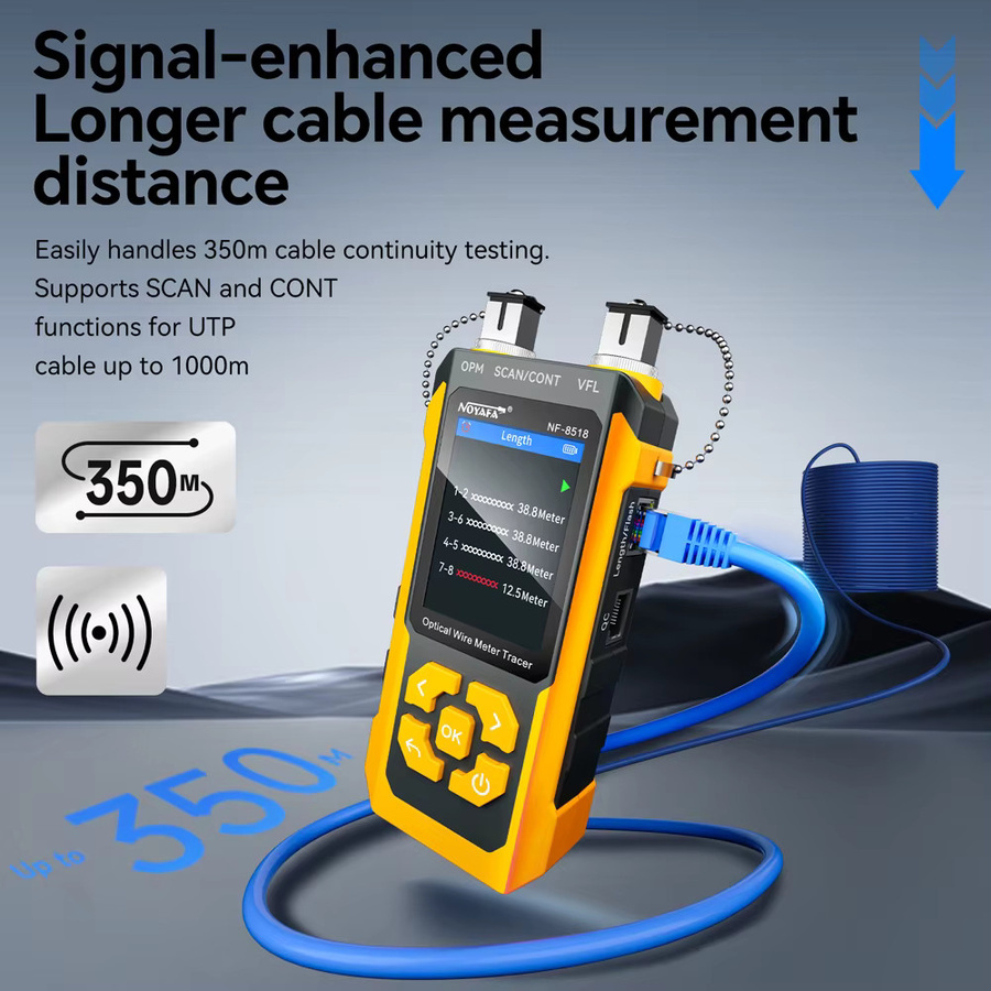 NOYAFA NF-8518 Kabeltester mit LCD-Display, Längenmessung 5m-350m, Wiremap-Tester, PoE, VFL und optischem Leistungsmessgerät in Gelb - Bild 2