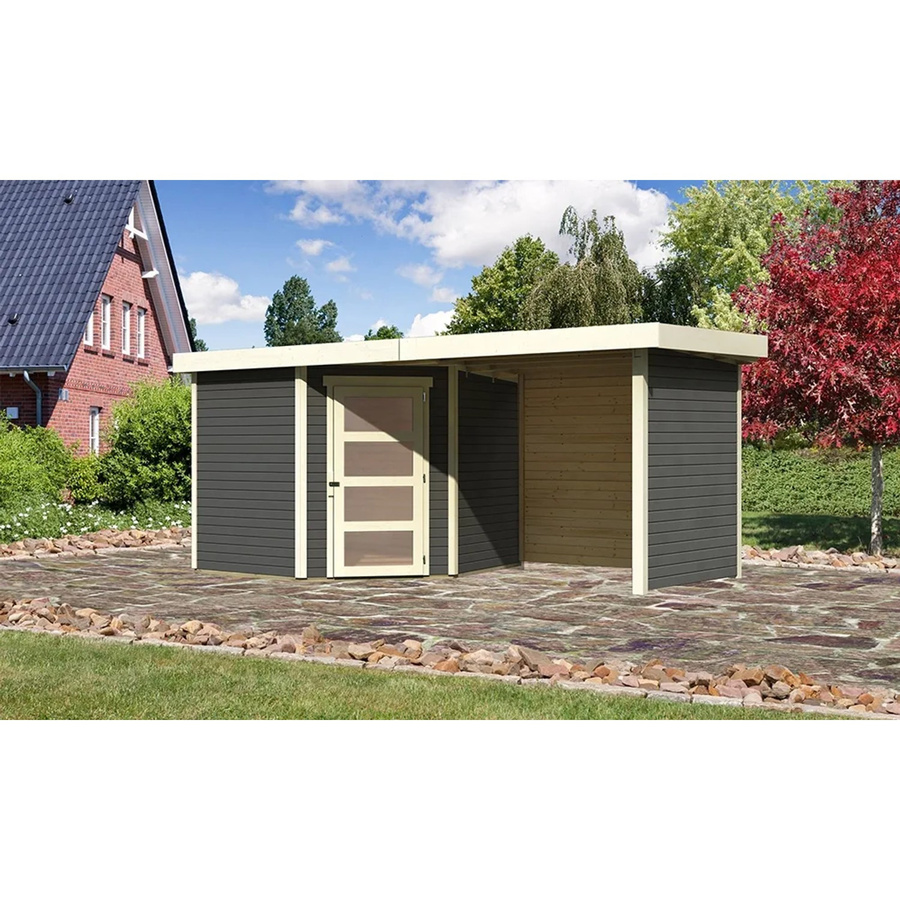 Holz-Gartenhaus Schwandorf 5 in Terragrau mit Flachdach und Anbaudach, B/T: 242 x 246 cm - Bild 2