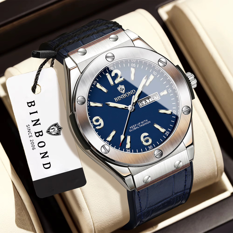 BINBOND Armbanduhr Quarz, Edelstahl, Leder, Blau, Herren - Bild 2