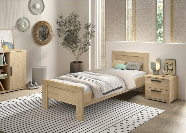SAM 2-tlg. Schlafzimmer-Set bestehend aus Einzelbett und Nachtkonsole in Eiche Melamin Dekor, Braun - Bild 1