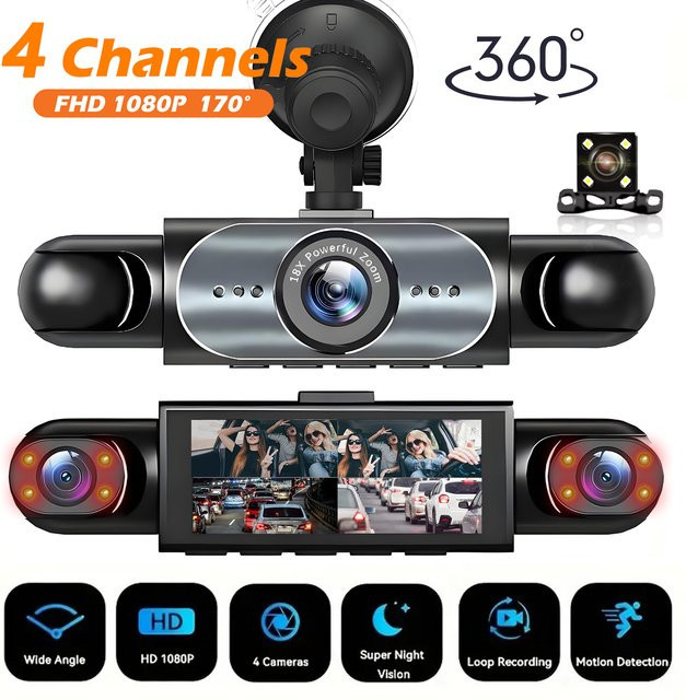 GMAIPOP 4-Kanal-Dashcam 360 Grad Auto-Videorekorder in Schwarz mit Nachtsicht, 24/7 Parküberwachung, G-Sensor und Schleifenaufzeichnung - Bild 1
