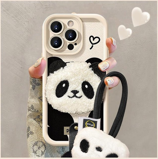 Plüsch-Panda Handyhülle aus Silikon-Lammfell mit Lanyard für Apple iPhone 14 Pro, 13, 12, 7, 8 und vivo S15 in Weiß - Bild 1