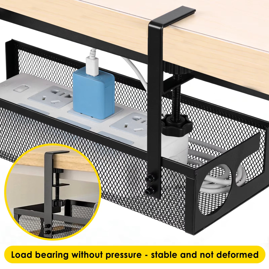 Kabelmanagement-Ablage aus Metall in Schwarz zur Untertischmontage mit Klemmhalterung und 2-Loch-Kabelkorb für Home-Office und Stehpulte - Bild 4