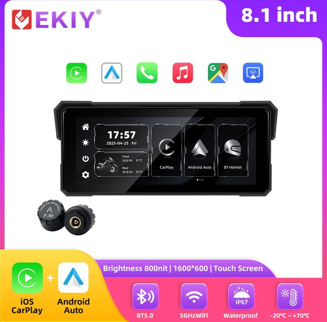 EKIY Motorrad CarPlay Navigation mit 8,1 Zoll Touchscreen, Wireless Android Auto und GPS, Schwarz - Bild 1