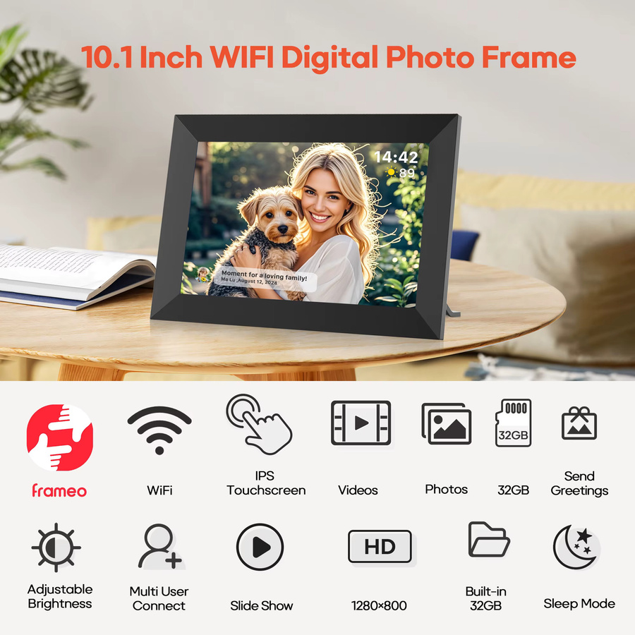 Frameo Digitaler Bilderrahmen 10,1 Zoll Schwarz mit 32 GB Speicher, Smart WiFi und 1280 x 800 IPS HD Touchscreen, Wandmontage-kompatibel - Bild 6