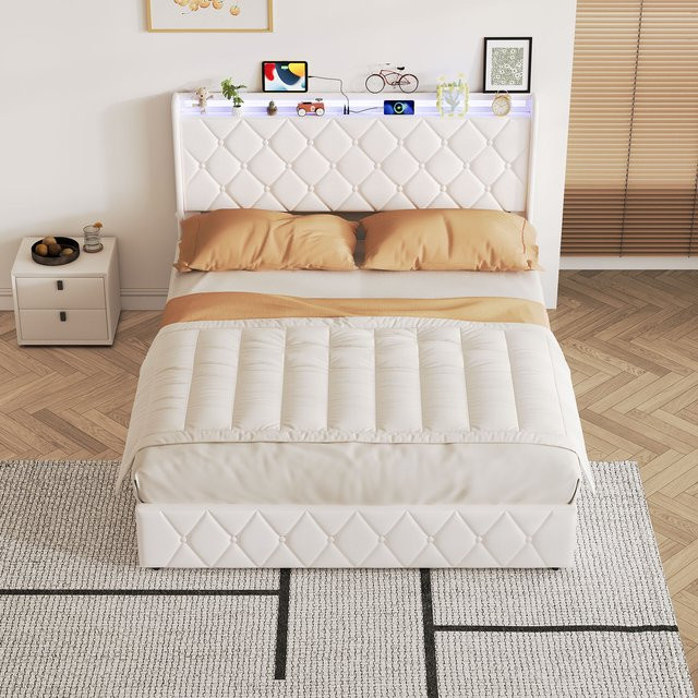 Anajqaqia Polsterbett für Erwachsene mit hydraulischem Stauraum und Regal-Kopfteil aus Samtstoff, Beige, B/T: 140 x 200 cm - Bild 1