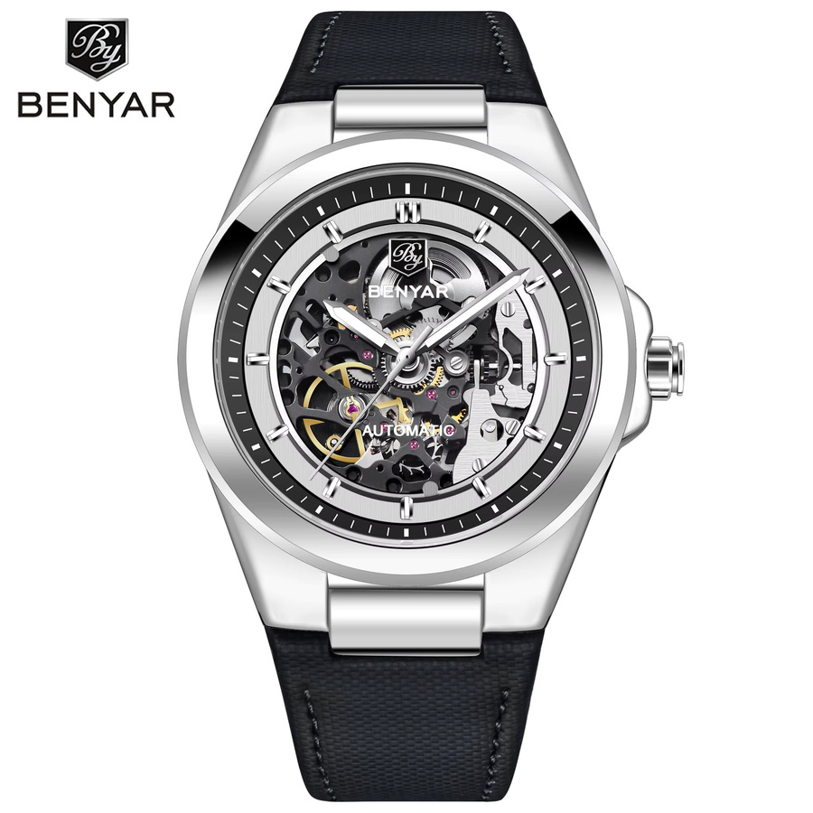 BENYAR Automatik-Armbanduhr, Herren, Lederarmband, Blau, Edelstahl - Bild 7