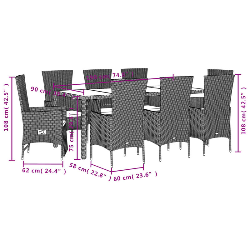 vidaXL 9-teilige Garten-Essgruppe aus Poly Rattan in Beige mit Kissen und Hartglastisch - Bild 2