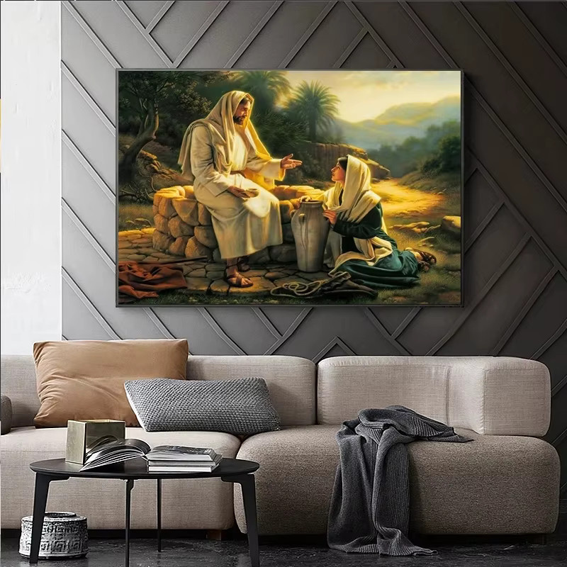 Potdemiel Leinwand Wandkunst Jesus als der gute Hirte und die samaritanische Frau in Mehrfarbig - Bild 2