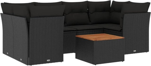 vidaXL 7-teilige Garten-Sofagarnitur aus Poly-Rattan und Akazienholz in Schwarz-Creme mit Kissen - Bild 1