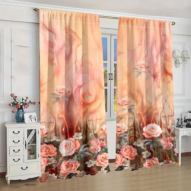 Yiran Furniture Blumenmuster Vorhänge mit Stangentasche, 2er-Set, semi-transparent, Mehrfarbig, B: 50 cm, H: 130 cm - Bild 1